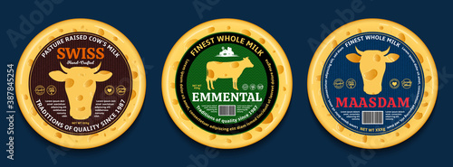 Vector swiss cheese round labels and packaging design elements. Swiss cheese detailed illustrations