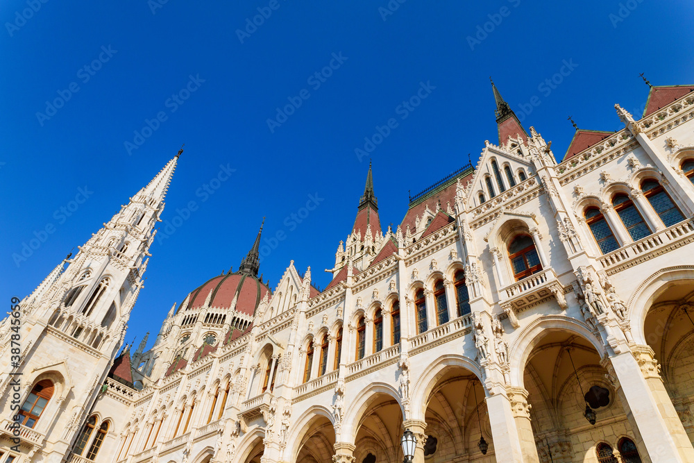 Famous building of Hungarian Parliament in city Budapest neo gothic landmark