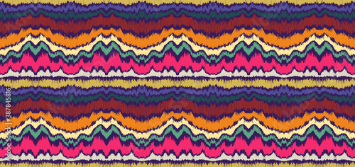 Ikat border. Geometric folk ornament. Ink on clothes. Tribal vector texture. Seamless striped pattern in Aztec style. Ethnic embroidery. Indian, Scandinavian, Gypsy, Mexican, African rug.
