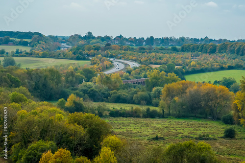 A panorama view south from St Catherines Hill at Winchester, UK in Autumn