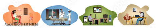 Character Art Illustrations, Guy Working From Home, Girl Working From Home, Girl and Guy Working in the Office, Hospital with Patient, Nurse, and Doctor