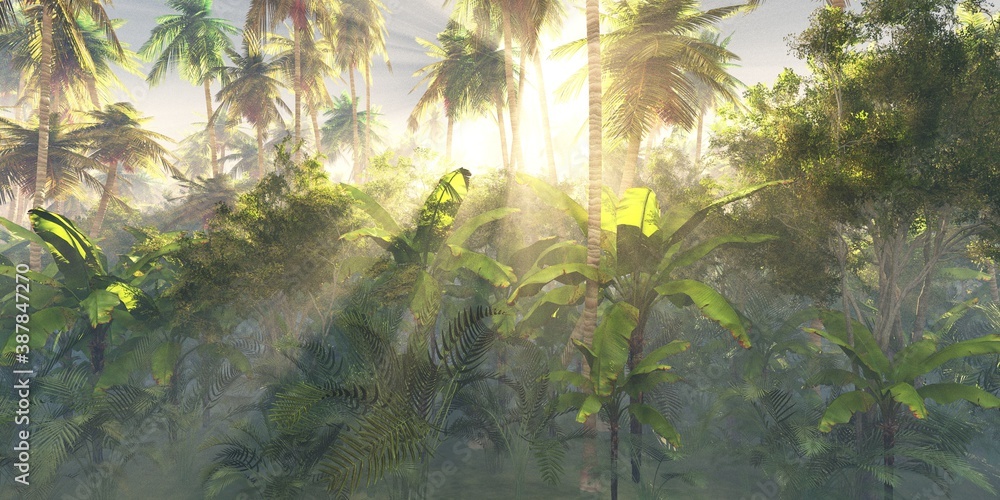 Tropical forest in the morning sun, jungle in the fog, palm trees in the haze, 3D rendering