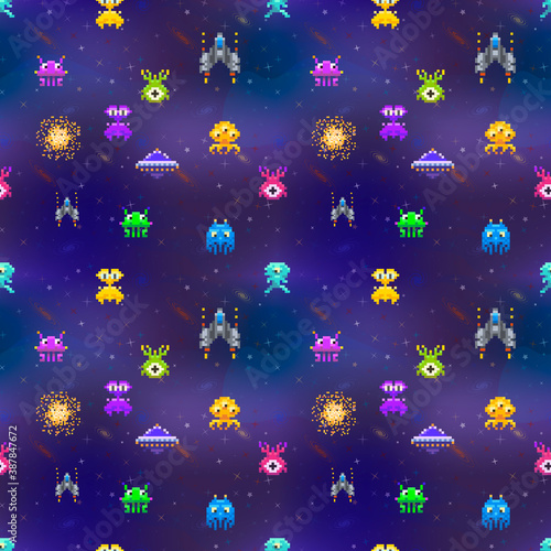 Cute space invaders in pixel art style on deep space background, seamless pattern
