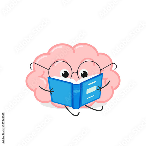 Cute cartoon brain in glasses reading book