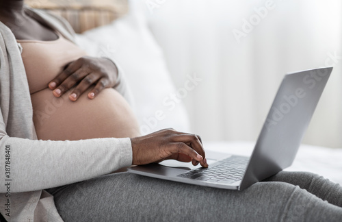 Pregnancy And Technology. Unrecognizable Black Pregnant Lady Using Laptop At Home, Cropped © Prostock-studio