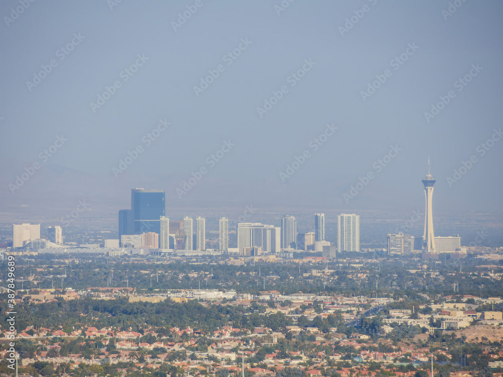 Sunny high angle view of the Strip skyline