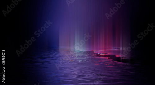 Empty futuristic dramatic scene. Abstract dark landscape, street. Neon light fluid element. Night view, neon blue light. Fantasy background. 3D illustration