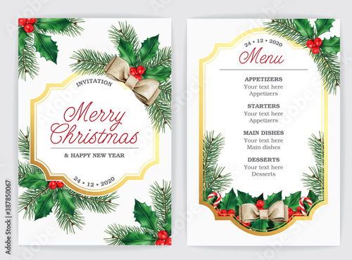 Elegant Christmas menu card invitation with holly and pine branches