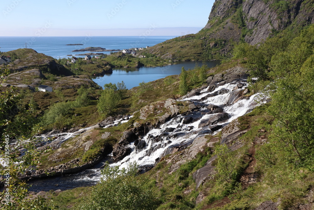 Norway - June 16 2019: Hiking in the area of Sorvagen, Lofoten Islands