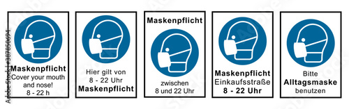 Set aus Hinweisschildern nach DIN EN ISO 7010 rund um die Maskenpflicht. Vektordatei