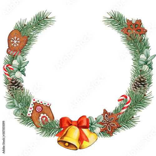 Watercolor christmas wreath with golden bells and gingerbread cookies