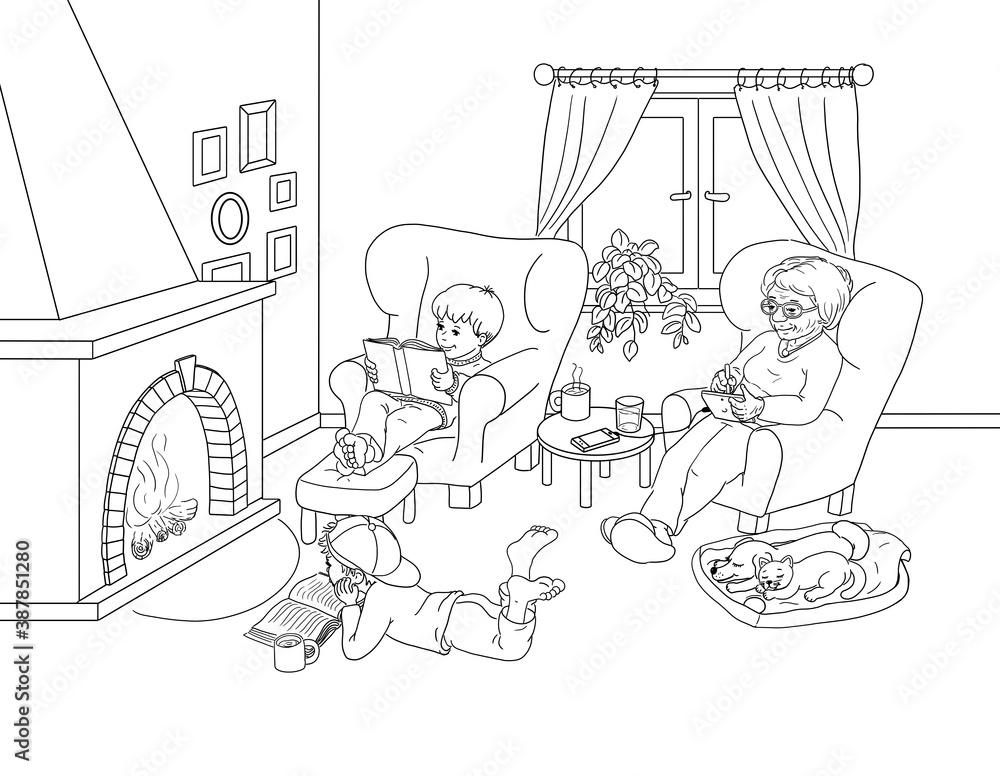 Enkel Jungen barfuß niedlich sitzen lesen am Kamin Oma Großmutter im