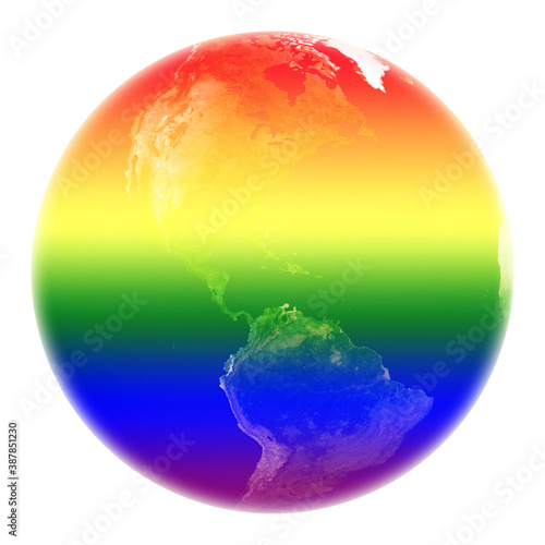 Planet Earth in LGBT pride flag rainbow colors isolated on white. Elements of this image furnished by NASA. © Nada Sertic