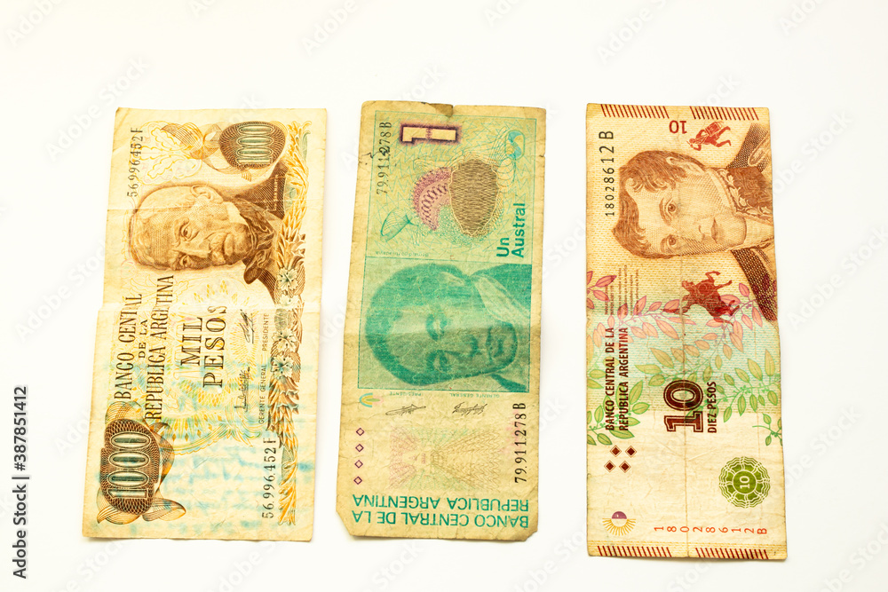Three different official Argentine banknotes until Convertibility in 1991.