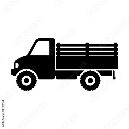 Truck icon. Black silhouette. Side view. Offroad farm transport. Vector flat graphic illustration. The isolated object on a white background. Isolate.