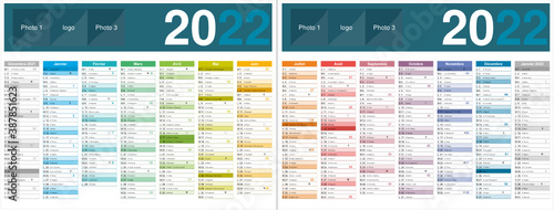 Calendrier 2022 sans vacances format 320 x 420 mm recto verso entièrement modifiable via calques et texte arial
