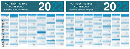 Calendrier 2022 sans vacances format 320 x 420 mm recto verso entièrement modifiable via calques et texte arial
