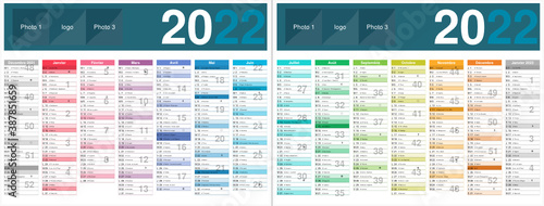 Calendrier 2022 sans vacances format 320 x 420 mm recto verso entièrement modifiable via calques et texte arial

