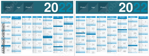 Calendrier 2022 sans vacances format 320 x 420 mm recto verso entièrement modifiable via calques et texte arial

