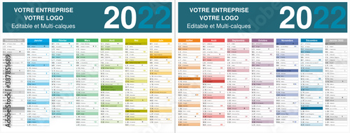 Calendrier 2022 sans vacances format 320 x 420 mm recto verso entièrement modifiable via calques et texte arial
