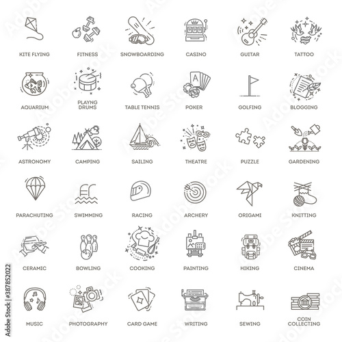 Hobbies and interest detailed line icons set in modern line icon style