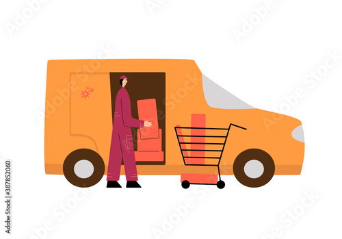 Online shopping and fast delivery concept. Logistics company employee is putting the order in the truck. Vector stock flat illustration isolated on white background. Template for landing page design.