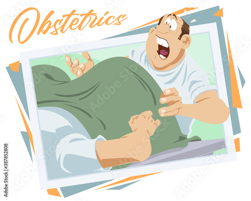 Frightened obstetrician takes delivery. Illustration for internet.
