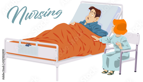 Woman caretaker next to sick man. Illustration for internet and mobile website.