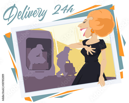 Movers unload boxes. Happy woman near delivery car. Funny people.