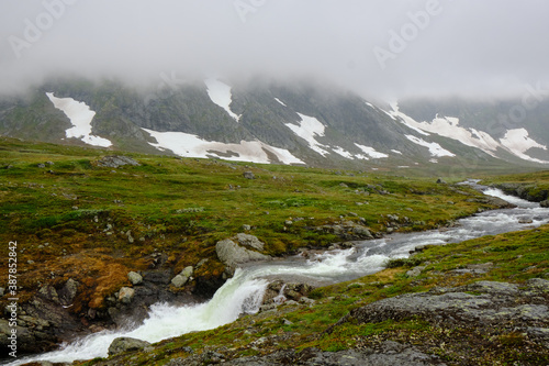 Fast-flowing mountain stream and snow on a Norwegian highland during the summer