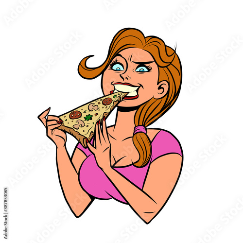 Funny hungry girl eating pizza