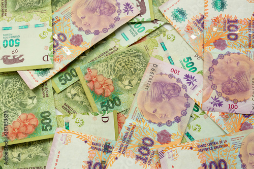 Argentine money  500 pesos bills and 100 pesos bills.