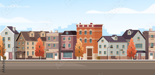 City facade buildings town street panorama concept. Vector flat graphic design cartoon illustration