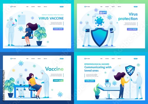 Virus vaccine. Set of landing pages of illustrations during the epidemic. 2D characters