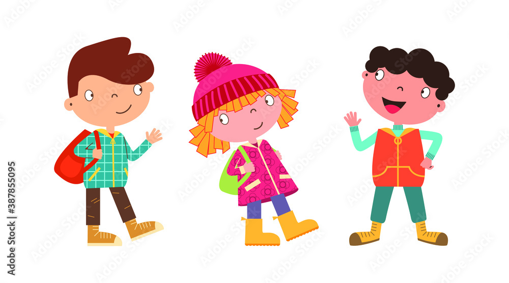 Cute cartoon boy and girl characters. Happy kids in autumn clothes standing, walking and waving. School children in fall. Flat line art style. Happy childhood concept. Vector illustration. Cute cartoon boy and girl characters. Happy kids in autumn clothes standing, walking and waving. School children in fall. Flat line art style. Happy childhood concept. Vector illustration.