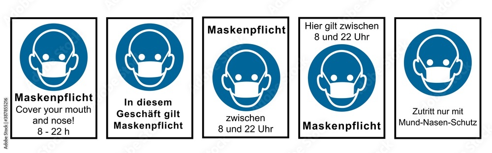 Sammlung von Hinweisschildern rund um die Maskenpflicht. Vektordatei Sammlung von Hinweisschildern rund um die Maskenpflicht. Vektordatei