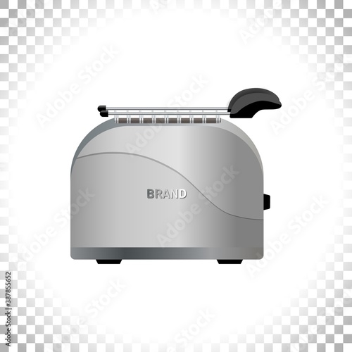 Silver metal glossy toaster on transparent background. Front view. Kitchen utensil and electrical household appliance. Vector illustration.