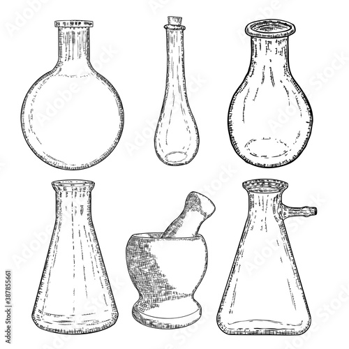 Set of mortar and pestle, witch bottles with magic liquid or poison and love potion, line and dot stipple, hand drawn. Flash tattoo design. Spiritual occultism chemistry, magic tattoo sketch. Vector.