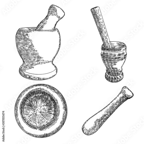 Set of mortar and pestle, witch bottles with magic liquid or poison and love potion, line and dot stipple, hand drawn. Flash tattoo design. Spiritual occultism chemistry, magic tattoo sketch. Vector.