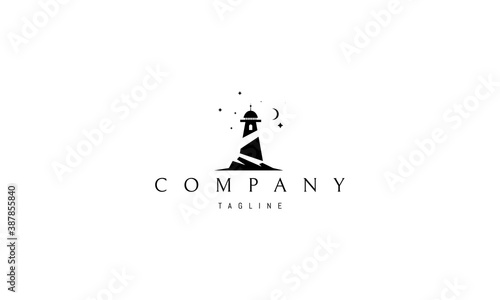 Vector logo on which the abstract image of the old lighthouse on the rock against the background of the starry sky.