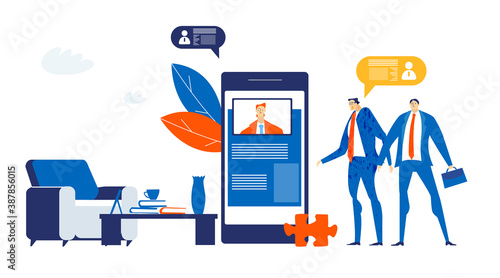 Business people communicating with mobile devises, iodine business, online shopping, meeting people. Self isolation, working remote and from home concept. Business concept illustration. 