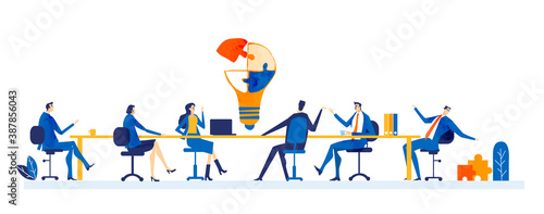 Business people having a meeting, discussing new start up, support and developing of current project. Creative thinking, brain storming. Business concept illustration. 