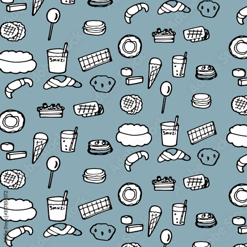 confectionery vector illustration pattern, pretzel, croissant, cupcake, waffles, cake, donut, ice cream, pancakes, macarons, chocolate, smoothies, chupa chups, marshmallows, cookies, lemonade, apple i