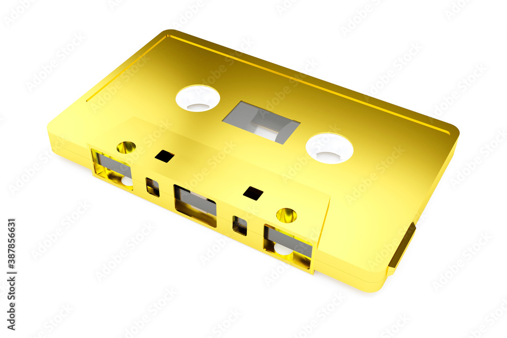 The golden audio cassette lies on a white surface. Isolate on a white background. Golden hits of musical compositions, 3D rendering The golden audio cassette lies on a white surface. Isolate on a white background. Golden hits of musical compositions, 3D rendering