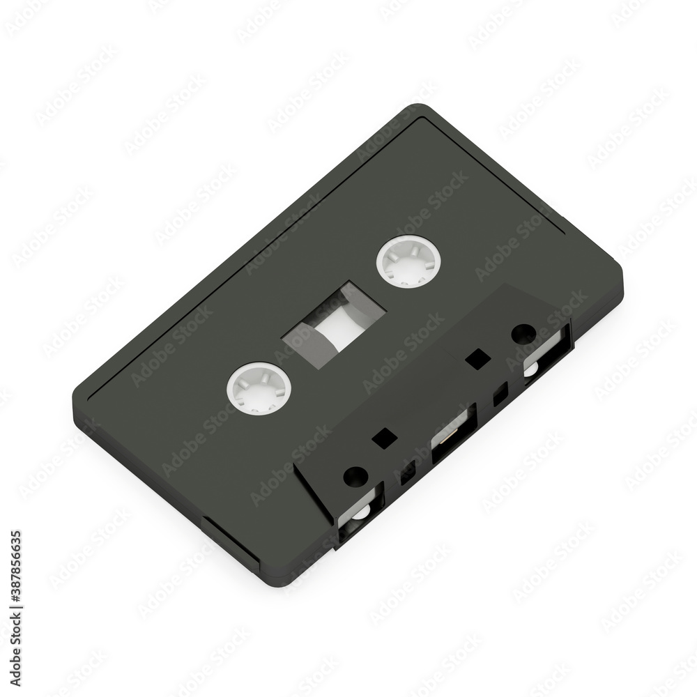 The black plastic audio cassette lies on a white surface. Isolate on a white background. Isometric view, 3D rendering The black plastic audio cassette lies on a white surface. Isolate on a white background. Isometric view, 3D rendering