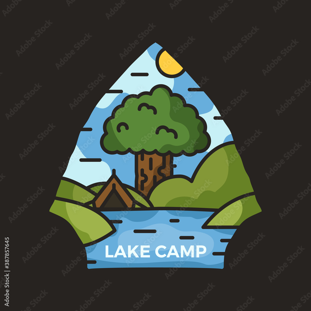 Lake camp adventure logo, hiking emblem design with camping scene, tent and hills. Unusual line art retro style sticker. Stock vector vintage label art template