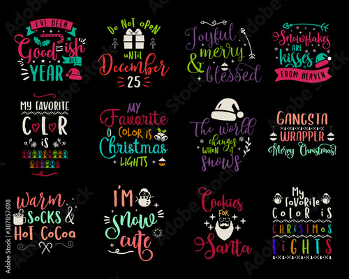 Christmas calligraphy quotes set. Silhouette typography designs for xmas decoration, cards, t shirts, mug, other prints with words and holiday elements. Stock vector lettering bundle colorful