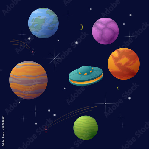 Planets  stars and spaceship in space. Vector illustration of the universe in cartoon style.