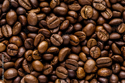 Fresh roasted coffee bean background. Background of roasted coffee beans  top view