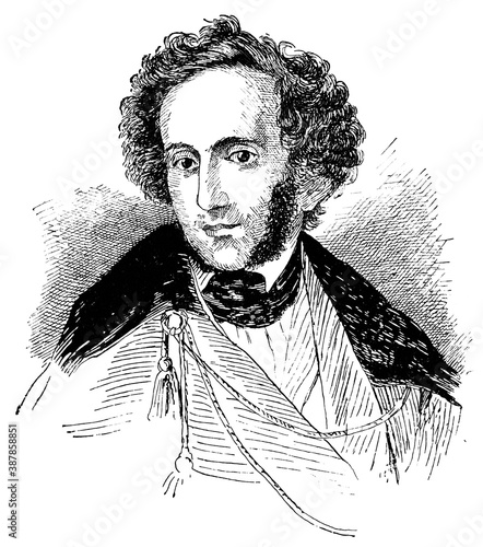 Portrait of Felix Mendelssohn - a German composer, pianist, organist and conductor of the early Romantic period. Illustration of the 19th century. White background.